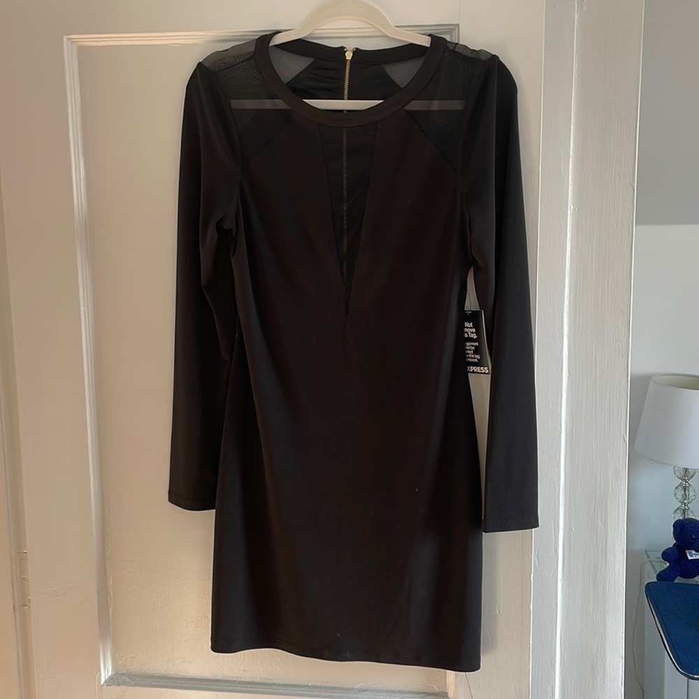 NWT Express black dress with mesh detail and gold zipper on the back size Medium